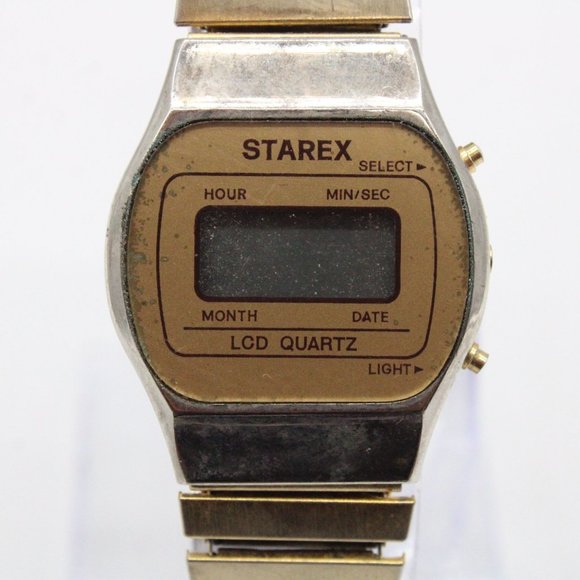 Vintage Starex Digital Watch Mens Gold Tone Stainless Steel LCD Quartz Retro 80s - Picture 3 of 8